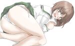  1girl ass bangs blouse blush bright_pupils brown_eyes brown_hair commentary elf_(stroll_in_the_woods) fetal_position frown girls_und_panzer green_skirt highres long_sleeves looking_at_viewer lying miniskirt nishizumi_miho on_side ooarai_school_uniform open_mouth panties pleated_skirt sailor_collar school_uniform serafuku shirt short_hair side-tie_panties simple_background skirt solo textless underwear white_background white_panties white_pupils white_sailor_collar white_shirt 