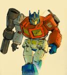  arm_cannon artist_name autobot english_commentary eye_trail highres light_trail mecha mecha_focus mist3r_malware no_humans open_hand optimus_prime optimus_prime_(skybound) robot science_fiction transformers transformers_(skybound) walking weapon yellow_background yellow_eyes 