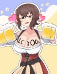  1girl absurdres alcohol apron bare_shoulders barmaid beer beer_mug bodice body_writing breasts brown_eyes brown_hair cup dirndl foam german_clothes germany girls_und_panzer hair_between_eyes half-closed_eyes heart highres holding holding_cup large_breasts looking_at_viewer mug nishizumi_maho oktoberfest open_mouth scrunchie short_hair sleeveless smile solo underbust waist_apron waitress white_scrunchie zannen_hero 