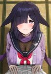  1girl 1other animal_ears bangs blue_archive blush breasts buttons cardigan cleavage eyebrows_visible_through_hair fishnets hair_over_one_eye highres large_breasts long_hair long_sleeves looking_at_viewer lop_rabbit_ears neckerchief parted_lips purple_cardigan purple_eyes purple_hair purple_scarf rabbit_ears sailor_collar scarf shirt solo_focus sonchi tatami tears tsukuyo_(blue_archive) white_shirt 