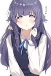  1girl :o absurdres alternate_hair_length alternate_hairstyle blue_overskirt blue_ribbon blue_vest blunt_bangs blush borrowed_hairstyle commentary_request flower gakuen_idolmaster hair_flaps hair_flower hair_ornament hataya_misuzu hatsuboshi_gakuen_school_uniform highres holding holding_own_hair idolmaster long_hair long_sleeves looking_at_viewer mole mole_under_mouth neck_ribbon purple_eyes purple_hair raichita ribbon school_uniform shirt simple_background skirt skirt_set solo translation_request tsukimura_temari upper_body very_long_hair vest white_background white_shirt 
