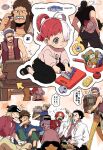 aged_down beard benn_beckman black_pants blonde_hair brown_hair building_snake carrying carrying_person child commentary_request dracule_mihawk facial_hair hair_over_one_eye hat highres holding hongou howling_gab limejuice_(one_piece) long_hair one_piece pants purple_hair red_hair sandals shanks_(one_piece) shirt smile smoke sweatdrop t-shirt tanaka_(tanakya123) uta_(one_piece) white_hair yasopp 