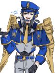  1boy beard belt black_gloves black_shirt blue_belt blue_capelet blue_hair blue_jacket capelet character_name collared_shirt epaulettes facial_hair gloves grey_pants grey_vest hair_between_eyes hip_vent humanization jacket kienai_11 male_focus mechanical_wings necktie pants sentinel_prime sentinel_prime_(transformers_one) shirt short_hair simple_background smile solo transformers transformers_one vest white_background wings 