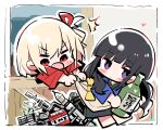  2girls assault_rifle black_hair blonde_hair blue_kimono bottle clothes_grab commentary explosive gun hair_ribbon heart highres holding holding_bottle inoue_takina japanese_clothes kimono long_hair lycoris_recoil minecart multiple_girls nishikigi_chisato one_side_up peashooter_(plants_vs_zombies) plants_vs_zombies purple_eyes red_kimono red_ribbon ribbon rifle rocket_launcher rpg_(weapon) short_hair symbol-only_commentary tnt tnt_block_(minecraft) weapon zhanzhangzlw 