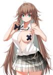  1girl absurdres aqua_eyes azur_lane bandaid bandaids_on_nipples bangs black_bow black_bowtie bow bowtie breasts brown_hair catnnn cleavage collared_shirt cowboy_shot crossed_bandaids crossed_bangs eyebrows_visible_through_hair grey_skirt hair_between_eyes highres impero_(azur_lane) impero_(languid_librarian)_(azur_lane) large_breasts long_hair looking_at_viewer loose_bowtie miniskirt official_alternate_costume one_breast_out open_clothes open_shirt pasties plaid plaid_skirt shirt simple_background skirt sleeveless sleeveless_shirt standing undressing very_long_hair white_background white_shirt 