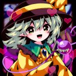  1girl bangs black_headwear green_eyes green_hair hat hat_ribbon heart heart_of_string highres koishi_day komeiji_koishi long_sleeves looking_at_viewer medium_hair open_mouth pointy_ears ribbon shirt smile solo third_eye touhou upper_body yellow_ribbon yellow_shirt yuka_yukiusa 