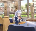  1girl blue_eyes blue_jacket burger casual chair commentary_request cup denim denim_jacket food fork hitakikan holding holding_food indoors jacket kantai_collection knife kure_(city) light_blue_hair long_hair looking_at_viewer official_alternate_costume open_mouth shirt sitting solo spoon striped striped_shirt tray 