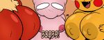 2024 absurd_res areola big_breasts biped black_nose blaziken bodily_fluids breasts cheek_spots english_text exclamation_point female fingers fluffy fur generation_1_pokemon generation_3_pokemon group hi_res legendary_pokemon luanctoons mew_(pokemon) neck_tuft nintendo nipples nude open_mouth open_smile pikachu pink_breasts pokemon pokemon_(species) red_breasts red_cheeks sharp_teeth smile tears teeth text tongue trio tuft white_eyes yellow_areola yellow_breasts yellow_nipples