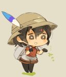  1girl @_@ backpack bag black_eyes black_gloves black_hair black_legwear chibi full_body gloves hat_feather helmet kaban_(kemono_friends) kemono_friends mota open_mouth pantyhose pith_helmet red_shirt shirt short_hair shorts simple_background smile solo 