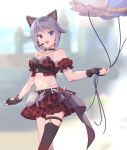 1girl animal_ears balloon belt black_belt black_gloves black_legwear blue_eyes blurry blurry_background blush breasts cat_ears cleavage commentary_request feet_out_of_frame fishnet_top fishnets gloves grey_hair headset heart highres hohohoi holding holding_balloon looking_at_viewer medium_breasts midriff navel open_mouth plaid plaid_skirt ragnarok_online ragnarok_origin red_skirt single_thighhigh skirt smile star_(symbol) thighhighs 