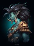  1boy absurdres aqua_skin armor artist_name black_hair blue_eyes colored_skin dcyann earrings highres jewelry long_hair pauldrons pointy_ears shoulder_armor solo troll tusks upper_body warcraft world_of_warcraft zandalari_(warcraft) zandalari_troll 