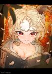  1girl blonde_hair blush book breasts cleavage eyebrows_behind_hair highres holding horns kicchou_yachie looking_at_viewer red_eyes short_hair smile solo touhou xmj6teuc 