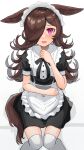  1girl absurdres alternate_costume amamoru_21 animal_ears apron black_hair blush commentary_request highres horse_ears horse_girl looking_at_viewer maid maid_headdress open_mouth purple_eyes rice_shower_(umamusume) simple_background thighhighs umamusume white_background white_legwear 