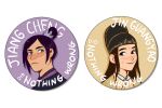  2boys alt_text bindi black_eyes brown_hair character_name chinese_clothes commentary cropped_shoulders dimple english_commentary english_text facial_mark frown hanfu hawberries huadian jiang_cheng jin_(headwear) jin_guangyao long_hair male_focus modao_zushi multiple_boys portrait purple_background purple_eyes purple_hair purple_hanfu smile tang_jin_(headwear) topknot xiao_guan_(headdress) yellow_background yellow_hanfu yuanlingpao 