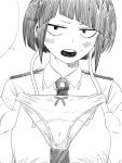  audio_jack blush boku_no_hero_academia collared_shirt greyscale highres holding holding_panties holding_underwear holding_unworn_clothes jiro_kyoka long_earlobes monochrome nanami_toga necktie open_mouth panties presenting_removed_panties school_uniform shirt short_hair sweatdrop teeth u.a._school_uniform underwear upper_teeth_only 