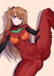  1girl blue_eyes bodysuit breasts brown_hair hairpods highres interface_headset long_hair medium_breasts mrnn neon_genesis_evangelion pilot_suit plugsuit red_bodysuit solo souryuu_asuka_langley spread_legs two_side_up 