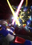  aeug artist_request barzam battle crossed_swords duel energy_sword glowing green_eyes gundam highres holding holding_sword holding_weapon machinery mecha mecha_focus mobile_suit no_humans one-eyed purple_eyes robot science_fiction space sword titans_(gundam) v-fin vernier_thrusters weapon zeta_gundam zeta_gundam_(mobile_suit) 