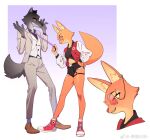  anthro canid canine canis clothed clothing diane_foxington dreamworks duo eye_contact eyewear female footwear fox hi_res looking_at_another male mammal midriff mr._wolf_(the_bad_guys) navel necktie shoes sunglasses teeth the_bad_guys wolf 