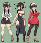  1girl absurdres ass bangs bare_shoulders black_dress black_hair blush breasts collared_shirt dress hairband high_heels highres holding holding_weapon long_hair looking_at_viewer mg991998 multiple_views office_lady red_eyes shirt sidelocks skirt smile spy_x_family sweater sweater_dress thick_thighs thighhighs thighs weapon wide_hips yor_briar 