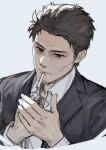  1boy amai_tsutomu black_hair black_jacket brown_eyes cigarette facial_hair goatee highres holding holding_lighter idolmaster idolmaster_shiny_colors jacket lighter lighting_cigarette messy_hair shirt short_hair simple_background sketch smoking solo upper_body white_shirt zhili_xingzou 