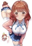  1girl absurdres ahoge ass blue_overskirt blue_ribbon blue_skirt breasts brown_eyes brown_hair buttons cameltoe cardigan collared_shirt from_below gakuen_idolmaster hanami_ume hand_on_own_hip hatsuboshi_gakuen_school_uniform highres idolmaster large_breasts looking_at_viewer medium_hair multiple_views neck_ribbon panties pantyshot pink_cardigan pleated_skirt ribbon school_uniform shirt simple_background skirt smile standing thighhighs translation_request underwear wanderlucia white_background white_panties white_shirt white_thighhighs 