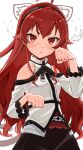  1girl :&lt; absurdres ahoge amamoru_21 belt breasts collarbone commentary_request eris_greyrat hair_between_eyes headband highres looking_at_viewer mushoku_tensei paw_pose red_eyes red_hair simple_background small_breasts solo white_background 