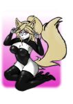  &lt;3 absurd_res alpha_channel anthro ashli_(madeupfox) blonde_hair boots breasts canid canine cleavage clothed clothing color_edit colored edit female footwear fox fur gesture grey_body grey_fur hair hi_res high_heeled_boots high_heels kneeling latex legwear leotard lipstick madeupfox makeup mammal navel pink_eyes ponytail simple_background solo thigh_boots thigh_highs transparent_background v_sign yellow_tail 