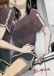  2girls aketa_mikoto counter gym_shirt gym_shorts hand_on_another&#039;s_waist highres idolmaster idolmaster_shiny_colors ikaruga_luca imminent_kiss kirishima-akayuki leaning_on_table leg_between_thighs medium_hair multicolored_hair multiple_girls nail_polish out_of_frame parted_lips shirt shorts yuri 