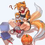  1girl ? absurdres black_shirt black_shorts blue_eyes breasts cleavage confused crossed_legs freckles gabriel_ales gears genderswap genderswap_(mtf) gift gloves goggles goggles_on_head hair_between_eyes highres holding humanization jacket loose_socks mechanical_tail medium_breasts medium_hair narrow_waist neckerchief open_clothes open_jacket orange_hair orange_jacket orange_tail piercing pumpkin red_neckerchief red_shoes shirt shoes short_shorts shorts sneakers socks solo sonic_(series) spiked_hair tail tails_(sonic) tails_doll thick_thighs thighs white_gloves wrench 
