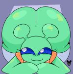 2025 absurd_res alien antennae_(anatomy) big_butt blue_eyes butt closed_smile clothing eyelashes female front_view green_body green_butt hi_res humanoid legwear luanctoons mouth_closed pupils smile solo thigh_highs white_clothing white_legwear white_pupils white_thigh_highs