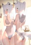  1girl animal_ear_fluff animal_ears bangs blurry blurry_background blush breasts commentary_request day earrings eyebrows_visible_through_hair fox_ears fox_girl fox_tail green_eyes grey_swimsuit hair_between_eyes highres hino_kagutsuki hololive indoors jewelry long_hair looking_at_viewer looking_back mirror mirror_image navel one-piece_swimsuit photo_(object) picture_frame ponytail shirakami_fubuki sidelocks small_breasts solo sweat swimsuit tail virtual_youtuber white_hair 