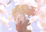  1girl blonde_hair blurry cardigan cherry_blossoms closed_eyes depth_of_field falling_petals gradient_hair grey_shirt grin highres miyamasuzaka_girls'_academy_school_uniform multicolored_hair neckerchief open_cardigan open_clothes pato_(ptro) petals pink_hair project_sekai red_neckerchief school_uniform shirt sidelocks smile solo tenma_saki twintails upper_body 
