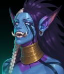  1girl absurdres blue_eyes blue_skin colored_skin darkspear_troll dcyann gold_collar highres long_hair looking_at_viewer open_mouth pointy_ears portrait purple_hair solo troll tusks warcraft world_of_warcraft 
