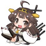  1girl ahoge brown_eyes brown_hair brown_skirt cannon detached_sleeves gold_hairband hairband headgear japanese_clothes kantai_collection kongou_(kancolle) long_hair machinery nontraditional_miko pleated_skirt ribbon-trimmed_sleeves ribbon_trim rikaon simple_background skirt solo thighhighs white_background wide_sleeves 