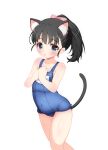  1girl animal_ears black_hair blue_eyes blue_swimsuit blush bow commentary_request covered_navel fukuyama_mai hair_bow hands_on_own_chest highres hosizora_mikoto idolmaster idolmaster_cinderella_girls long_hair name_tag old_school_swimsuit one-piece_swimsuit open_mouth own_hands_together ponytail ribbon school_swimsuit simple_background solo swimsuit tail thighs white_background 