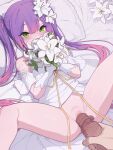 1boy 1girl bangs bare_shoulders blush bouquet breasts dress elbow_gloves erection eyebrows_visible_through_hair flower gloves green_eyes hair_flower hair_ornament hetero hololive imminent_penetration imminent_vaginal just_the_tip kakure_eria long_hair looking_at_viewer lying no_panties on_back penis purple_hair pussy small_breasts spread_legs thighs tokoyami_towa twintails uncensored virtual_youtuber wedding_dress white_dress white_gloves 