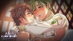  2boys blush breast_curtain chain eiden_(nu_carnival) gem green_eyes green_hair highres hug light_brown_eyes light_brown_hair linked_piercing long_sleeves looking_at_another male_focus multiple_boys nipple_piercing nu_carnival official_art olivine_(nu_carnival) parted_lips piercing short_hair smile sweat yaoi 