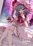  1girl absurdres alcohol bat_wings blush bow bowtie breasts center_frills commentary commission crossed_legs cup dress drinking_glass fang frills full_moon glass grey_hair hat heart highres holding holding_cup medium_breasts medium_hair mob_cap moon on_bed pink_dress pink_hat red_bow red_bowtie red_eyes red_moon remilia_scarlet sitting solo tamagogayu1998 thighhighs touhou vampire white_thighhighs window wine wine_glass wings 