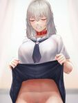  1girl bangs blue_skirt blush breasts clenched_teeth closed_eyes clothes_lift collar eden_grenze kageshio_(276006) large_breasts medium_hair neckerchief no_panties sailor_collar silver_(eden) skirt skirt_lift solo teeth white_sailor_collar 