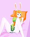  :3 absurd_res anthro bed bottomless carrot_(one_piece) clothed clothing content deepfur female fur furniture green_clothing hair hi_res lagomorph leporid looking_aside looking_away mammal mink mustelid musteline no_underwear on_bed on_pillow one_piece orange_clothing orange_hair partially_clothed pillow pink_bed rabbit shaded sitting sitting_on_bed solo true_musteline white_body white_fur 