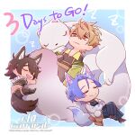  3boys animal_ears bags_under_eyes blonde_hair brown_hair chibi closed_eyes ermine fang fox_boy fox_ears fox_tail garu_(nu_carnival) kuya_(nu_carnival) mole mole_under_eye multiple_boys nu_carnival official_art on_bed orange_eyes purple_hair quincy_(nu_carnival) scar scar_on_arm scar_on_back scar_on_face scar_on_nose short_hair sleeping smile stoat tail topper wolf_boy wolf_ears wolf_tail zzz 