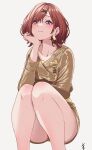  1girl absurdres bangs bare_legs blush brown_hair collarbone earrings end_mha gold_jacket hair_ornament hairclip hand_on_own_chin highres higuchi_madoka idolmaster idolmaster_shiny_colors jewelry long_sleeves looking_at_viewer mole mole_under_eye purple_eyes short_hair simple_background solo thighs white_background x_hair_ornament 