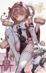  1girl animal_ears bangs breasts brown_hair closed_mouth detached_sleeves eyebrows_visible_through_hair food grey_background hair_ornament highres holding large_breasts looking_at_viewer orange_eyes original panda short_hair solo_focus standing thighhighs thighs two_side_up voruvoru 
