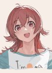  1girl :d ahoge hair_between_eyes hair_flaps highres idolmaster idolmaster_shiny_colors komiya_kaho long_hair looking_at_viewer open_mouth red_eyes red_hair shirt simple_background sketch smile solo teeth upper_body upper_teeth_only zhili_xingzou 
