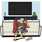 abdl absurd_res adult_baby ageplay animal_humanoid anthro avian avian_humanoid baby_bottle baby_toy baby_toys back_wings beak behind_couch black_claws black_entertainment_center blue_cere blue_tail blue_tail_feathers blue_tail_tip blue_wall bodily_fluids bottle bottle_of_milk braviary cere_(anatomy) claws clothed clothing container crouching diaper diaper_fetish diaper_only digital_drawing_(artwork) digital_media_(artwork) digitigrade dipstick_tail electronics entertainment_center eyes_closed fan_character feather_hair feathered_crest feathered_wings feathers feces feet flatscreen furniture generation_5_pokemon genital_fluids grey_arms grey_body grey_face grey_feathers grey_legs grey_wings happy head_crest hi_res humanoid infantilism male markings milk_bottle milk_container nado_soarian nintendo pokemon pokemon_(species) pooping pseudo_hair red_arms red_body red_feathered_crest red_feathers red_wings relieved ring_toy roleplay scuted_arms scuted_feet scuted_hands scuted_legs scutes sofa soiled_diaper soiling soiling_diaper solo squatting_pose sucking tail tail_feathers tail_markings talon_hands talons tan_feather_hair television thumb_suck toes topless unclean_diaper uppies_please urine used_diaper using_diaper wall_(structure) wearing_diaper wet_diaper wetting wetting_diaper white_feathered_crest white_sofa wings yellow_arms yellow_beak yellow_feet yellow_hands yellow_legs yellow_tail yellow_tail_feathers