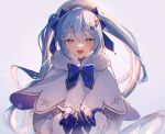  1girl bangs blue_bow blue_ribbon blush bow capelet fur-trimmed_capelet fur_trim hair_ornament hair_ribbon hat hatsune_miku highres long_hair long_sleeves looking_at_viewer open_mouth purple_eyes ribbon simple_background snowflake_print snowflakes solo tabard twintails upper_body utsuhostoria vocaloid white_capelet white_headwear yuki_miku yuki_miku_(2021) 