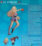  1boy artist_name boxing_gloves character_name character_profile character_sheet dark_skin english_commentary english_text grabbing hair_ornament hat_feather highres hitmonchan kinkymation long_hair low-tied_long_hair monster_girl personification pointy_ears poke_ball poke_ball_(basic) pokemon purple_hair very_long_hair white_hair 