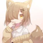  1girl :3 animal_ears cardigan collared_shirt dokumi fox_ears fox_girl fox_tail hair_over_one_eye light_brown_hair long_sleeves looking_at_viewer off_shoulder original shirt tail white_shirt yellow_cardigan yellow_eyes 