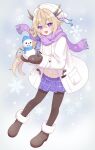  1girl blonde_hair boots brown_boots brown_mittens brown_pantyhose coat commentary_request commission duffel_coat full_body fur-trimmed_boots fur_trim furutori hair_flaps hair_ribbon hat highres holding_snowman horns knit_hat long_hair long_sleeves looking_at_viewer mittens open_clothes open_coat open_mouth original pantyhose plaid_clothes plaid_skirt pom_pom_(clothes) ponytail purple_eyes purple_ribbon purple_scarf purple_skirt ribbon scarf sidelocks skeb_commission skirt smile snowflakes snowman solo sweater very_long_hair white_coat white_hat white_sweater winter 