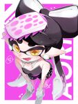  +_+ 1girl bare_arms bent_over black_boots black_hair black_jumpsuit boots border bow-shaped_hair breasts callie_(splatoon) callie_(squid_sisters_outfit)_(splatoon) character_name collarbone detached_collar fangs food food_on_head gloves gradient_hair hands_on_own_knees highres inkling jumpsuit konomi_kurumi long_hair mole mole_under_eye multicolored_hair object_on_head open_mouth pantyhose pink_background pink_pantyhose pointy_ears short_jumpsuit smile solo splatoon_(series) strapless_jumpsuit sushi swept_bangs tentacle_hair twintails unitard white_border white_gloves yellow_eyes 
